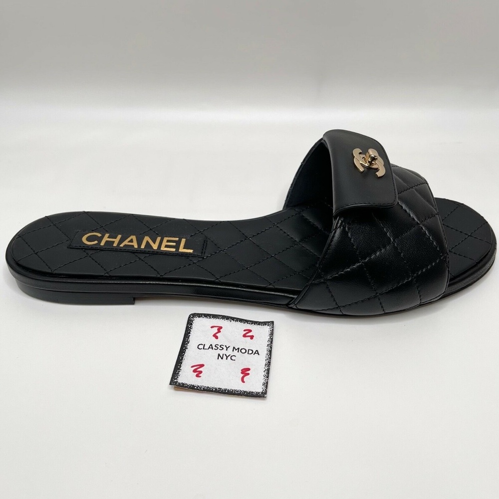 Chanel NIB Black Slides Turnlock Gold CC Logo Quilted Slide Flat Flop Sandals - Picture 3 of 12